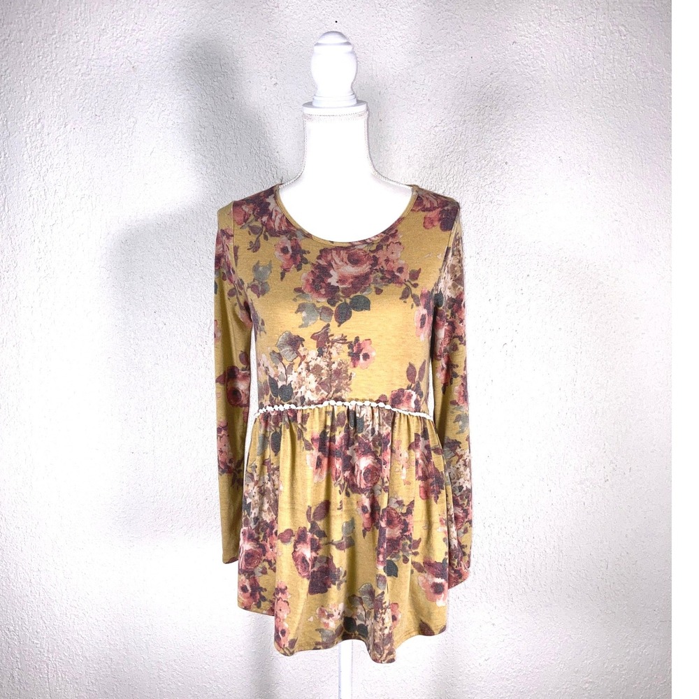 Perfect Peach Mustard Floral Pom Pom Trim Empire Waist Tunic Top PPT2020 Small